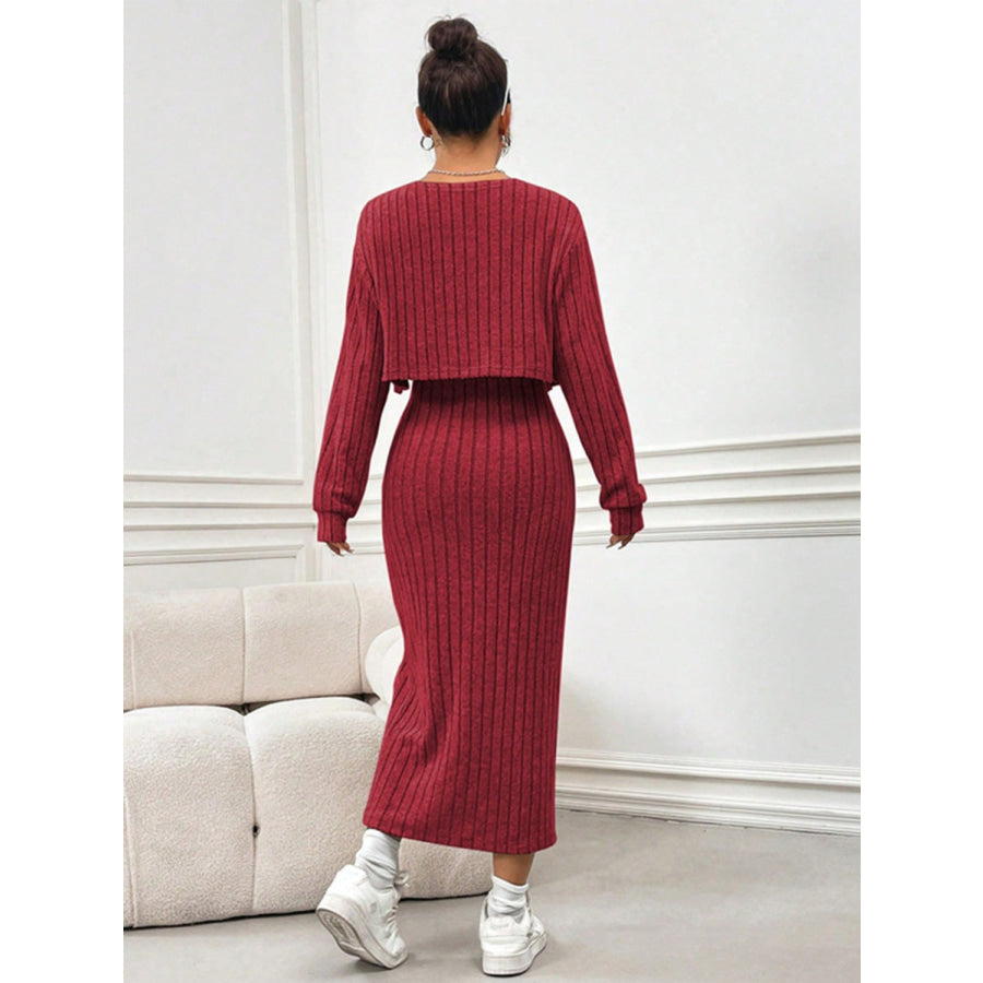 Ribbed Long Sleeve Cropped Cardigan and Slit Cami Dress Set Apparel and Accessories