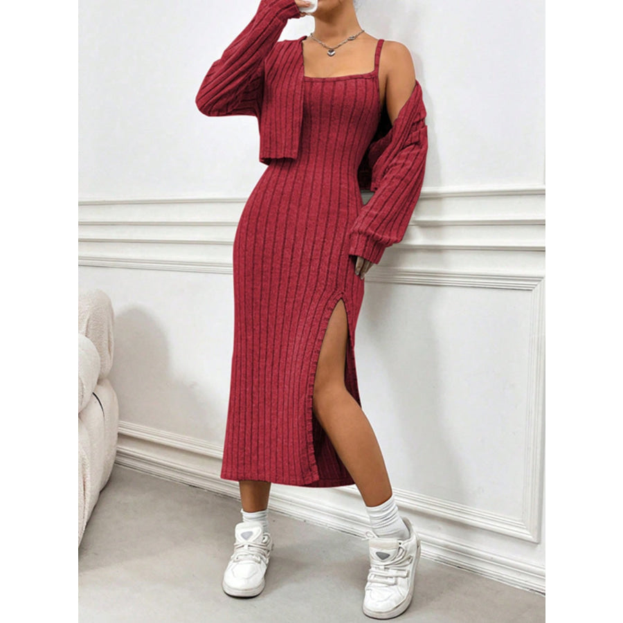 Ribbed Long Sleeve Cropped Cardigan and Slit Cami Dress Set Apparel and Accessories