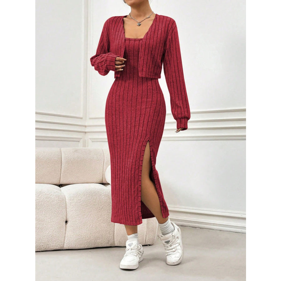 Ribbed Long Sleeve Cropped Cardigan and Slit Cami Dress Set Apparel and Accessories