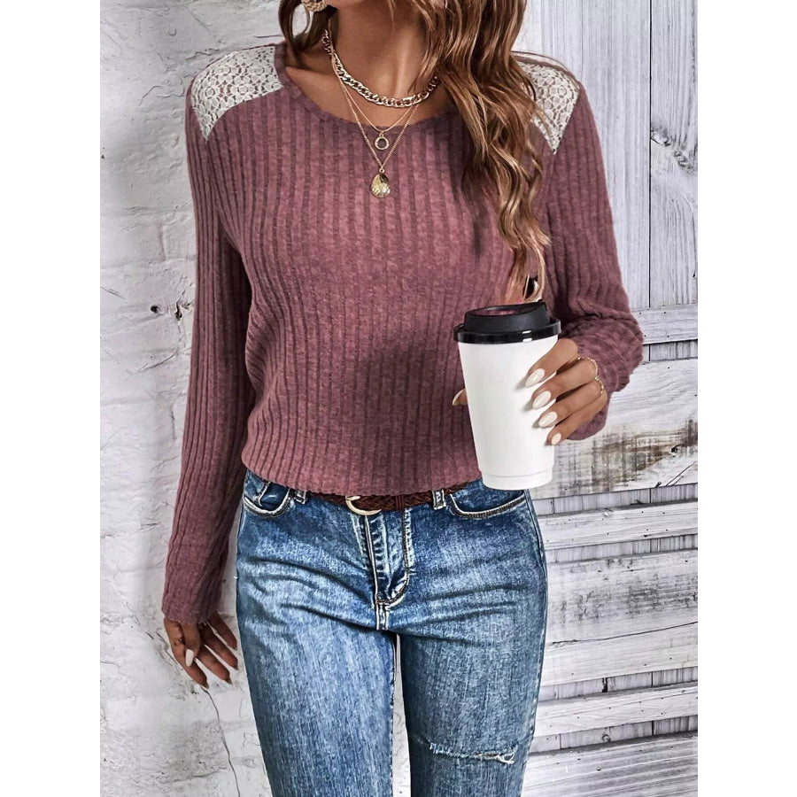 Ribbed Long Sleeve Knit Top Cerise / S Apparel and Accessories