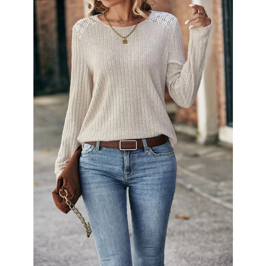 Ribbed Long Sleeve Knit Top Apricot / S Apparel and Accessories