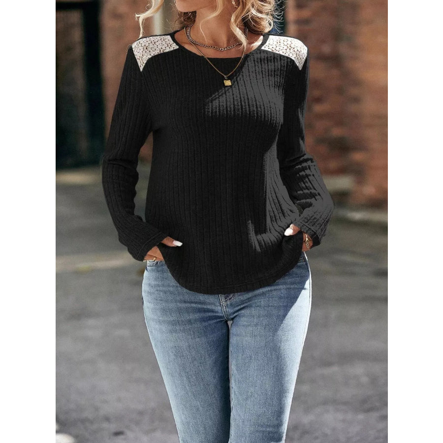 Ribbed Long Sleeve Knit Top Black / S Apparel and Accessories