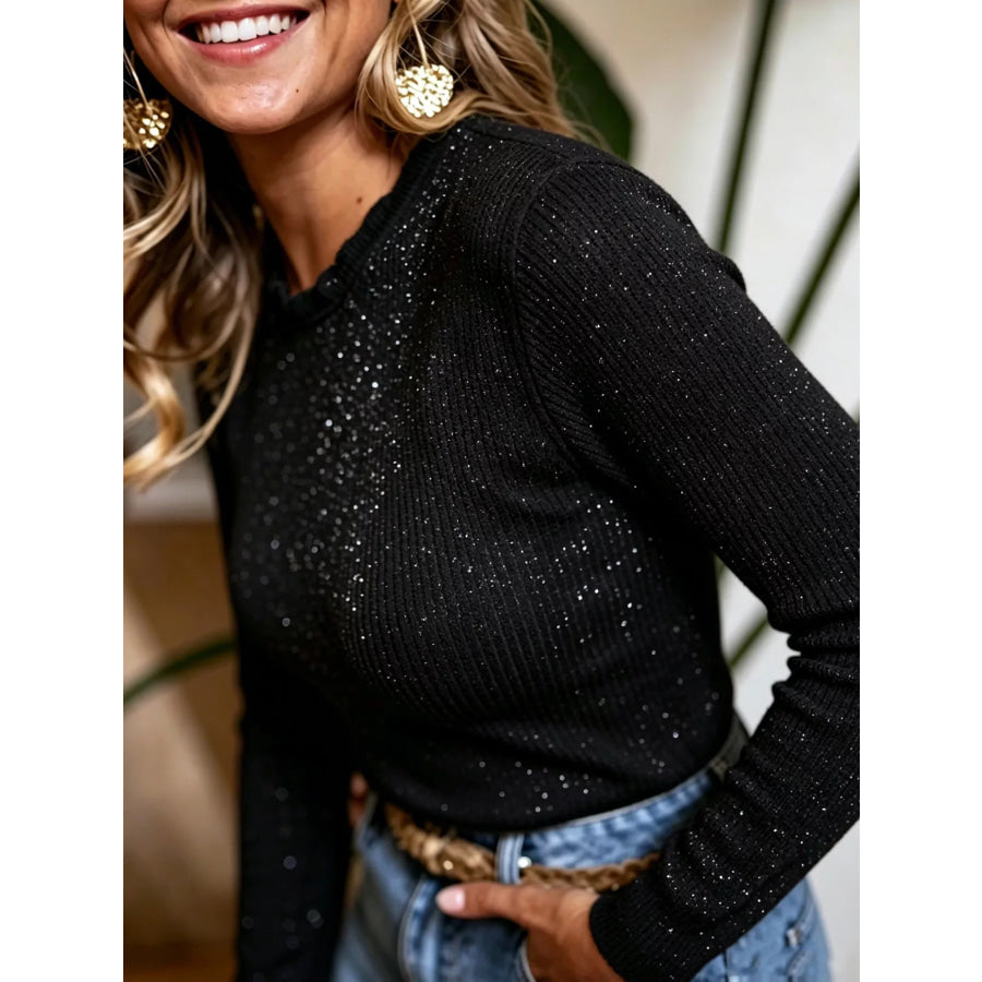 Ribbed Long Sleeve Knit Top Black / S Apparel and Accessories