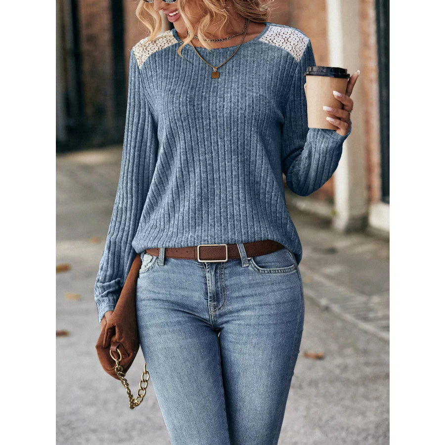 Ribbed Long Sleeve Knit Top Blue / S Apparel and Accessories