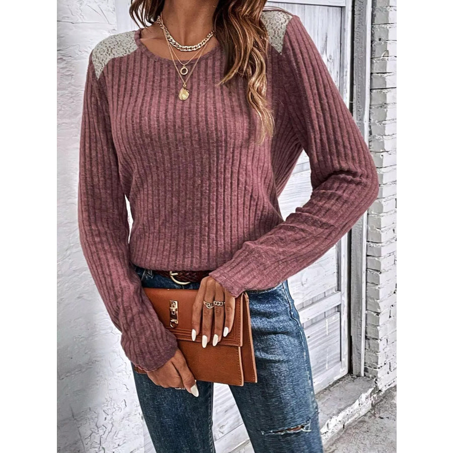 Ribbed Long Sleeve Knit Top Cerise / S Apparel and Accessories