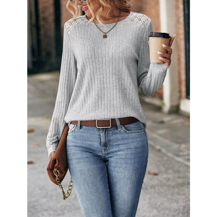 Ribbed Long Sleeve Knit Top Grey / S Apparel and Accessories