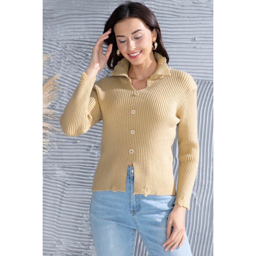 Ribbed Long Sleeve Slit Distressed Sweater Apparel and Accessories