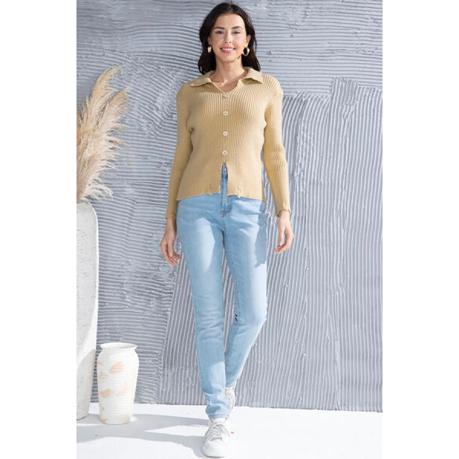 Ribbed Long Sleeve Slit Distressed Sweater Apparel and Accessories