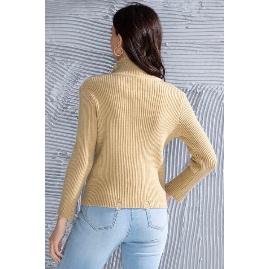 Ribbed Long Sleeve Slit Distressed Sweater Tan / S Apparel and Accessories