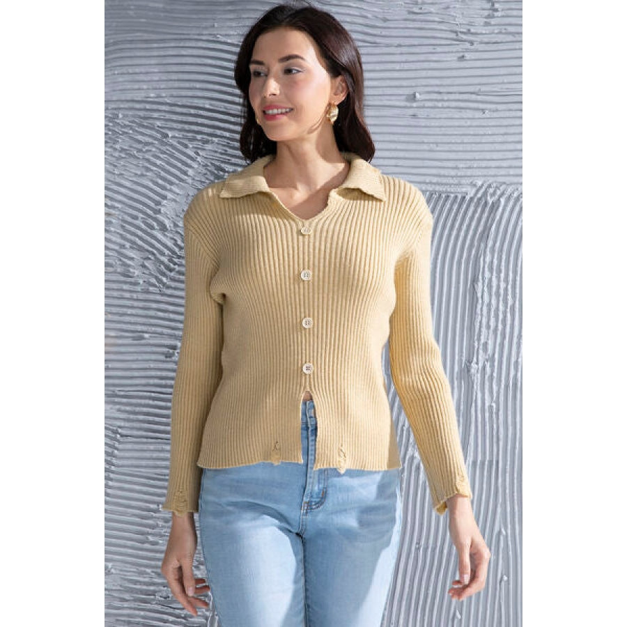 Ribbed Long Sleeve Slit Distressed Sweater Tan / S Apparel and Accessories