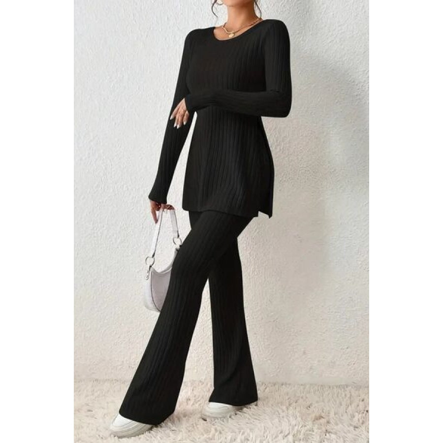 Ribbed Long Sleeve Slit Top and Bootcut Pants Set Black / S Clothing