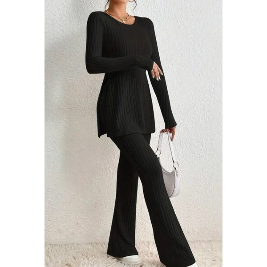 Ribbed Long Sleeve Slit Top and Bootcut Pants Set Clothing