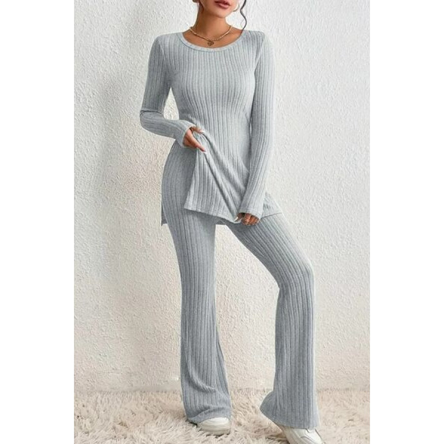 Ribbed Long Sleeve Slit Top and Bootcut Pants Set Clothing