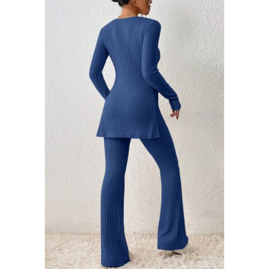 Ribbed Long Sleeve Slit Top and Bootcut Pants Set Clothing