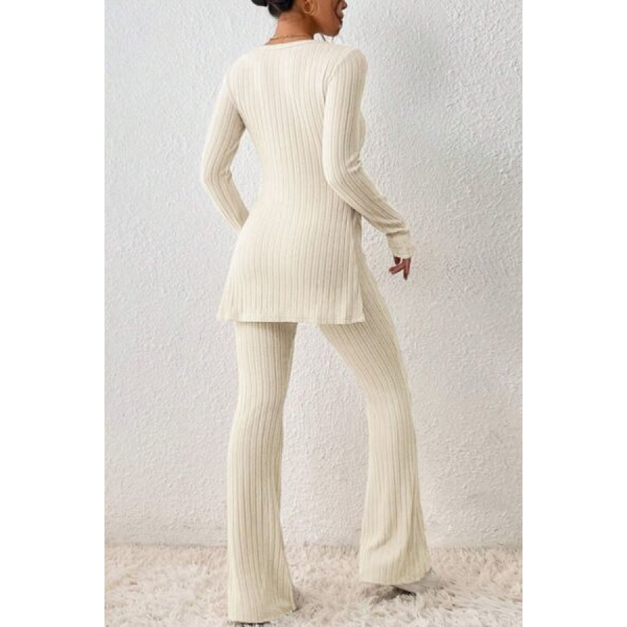 Ribbed Long Sleeve Slit Top and Bootcut Pants Set Clothing