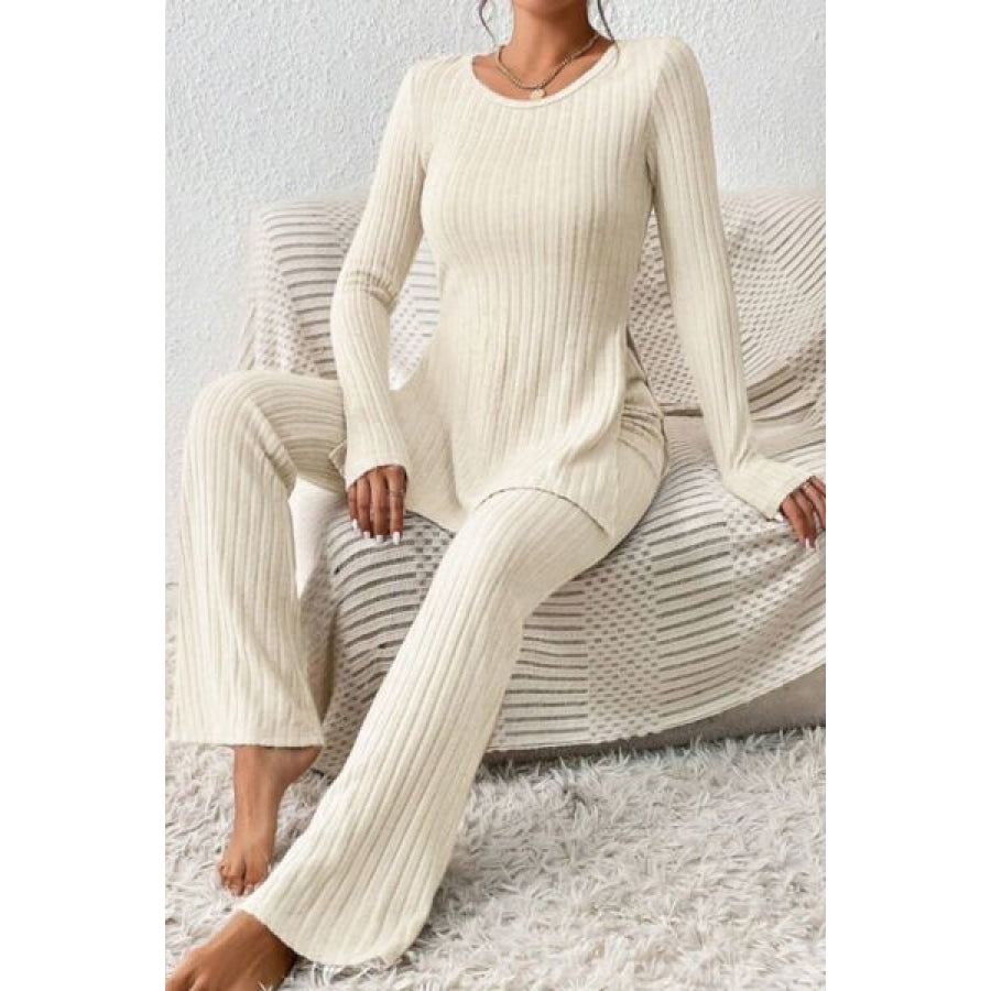 Ribbed Long Sleeve Slit Top and Bootcut Pants Set Clothing