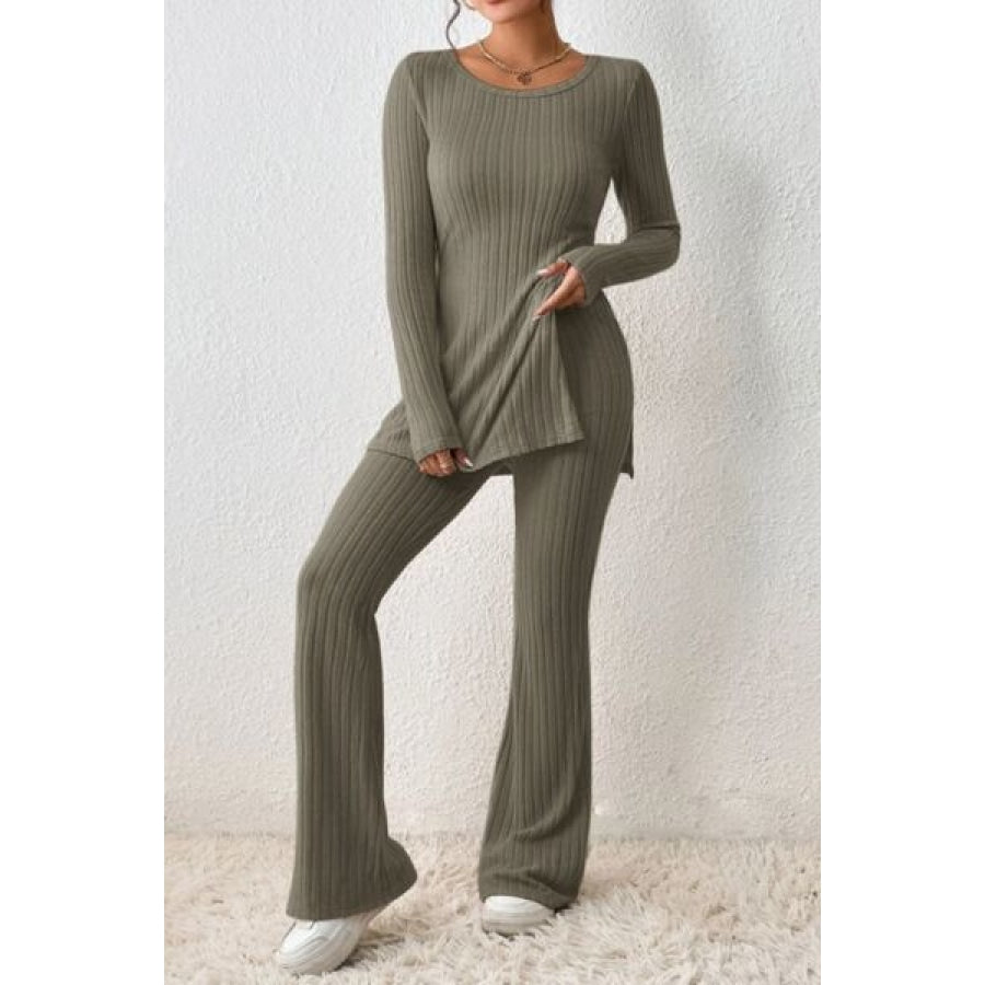 Ribbed Long Sleeve Slit Top and Bootcut Pants Set Clothing