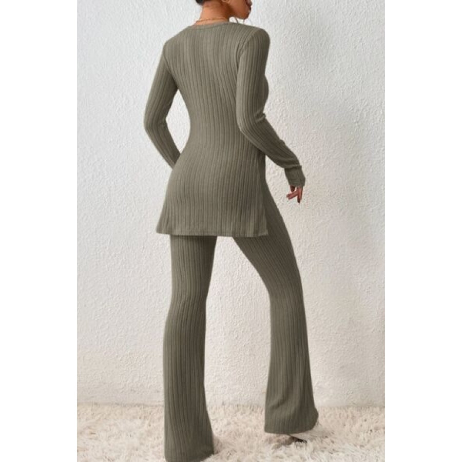 Ribbed Long Sleeve Slit Top and Bootcut Pants Set Clothing