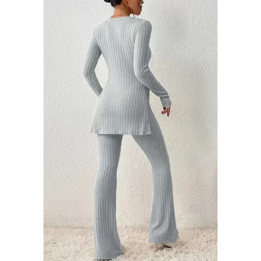 Ribbed Long Sleeve Slit Top and Bootcut Pants Set Clothing