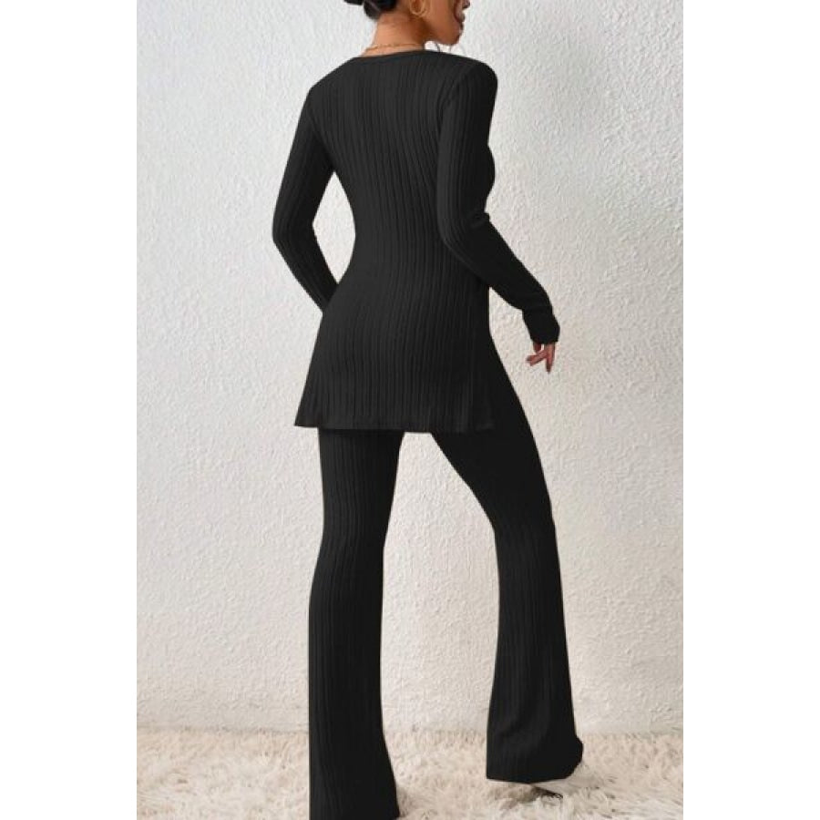 Ribbed Long Sleeve Slit Top and Bootcut Pants Set Clothing