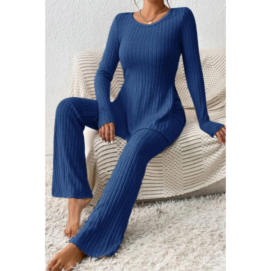 Ribbed Long Sleeve Slit Top and Bootcut Pants Set Clothing