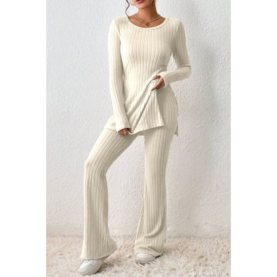 Ribbed Long Sleeve Slit Top and Bootcut Pants Set Cream / S Clothing