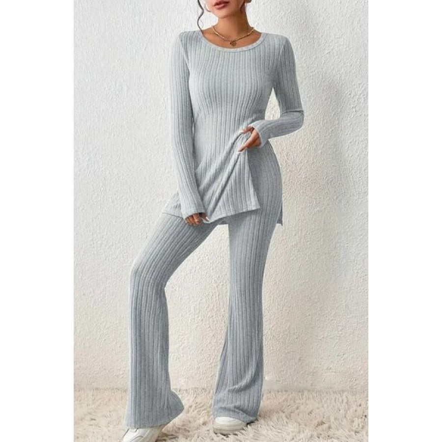 Ribbed Long Sleeve Slit Top and Bootcut Pants Set Light Gray / S Clothing