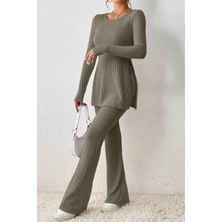 Ribbed Long Sleeve Slit Top and Bootcut Pants Set Olive Brown / S Clothing