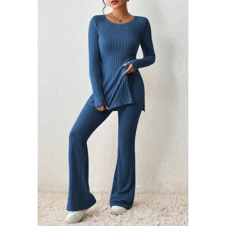 Ribbed Long Sleeve Slit Top and Bootcut Pants Set Royal Blue / S Clothing