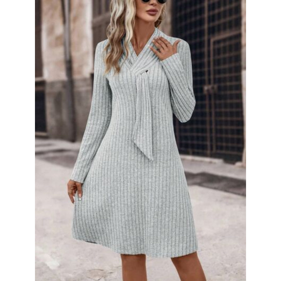 Ribbed Long Sleeve Sweater Dress Heather Gray / S Apparel and Accessories