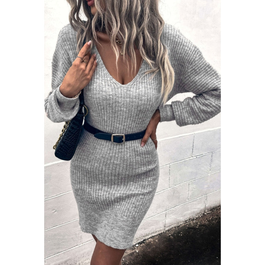 Ribbed Long Sleeve Sweater Dress Light Gray / S