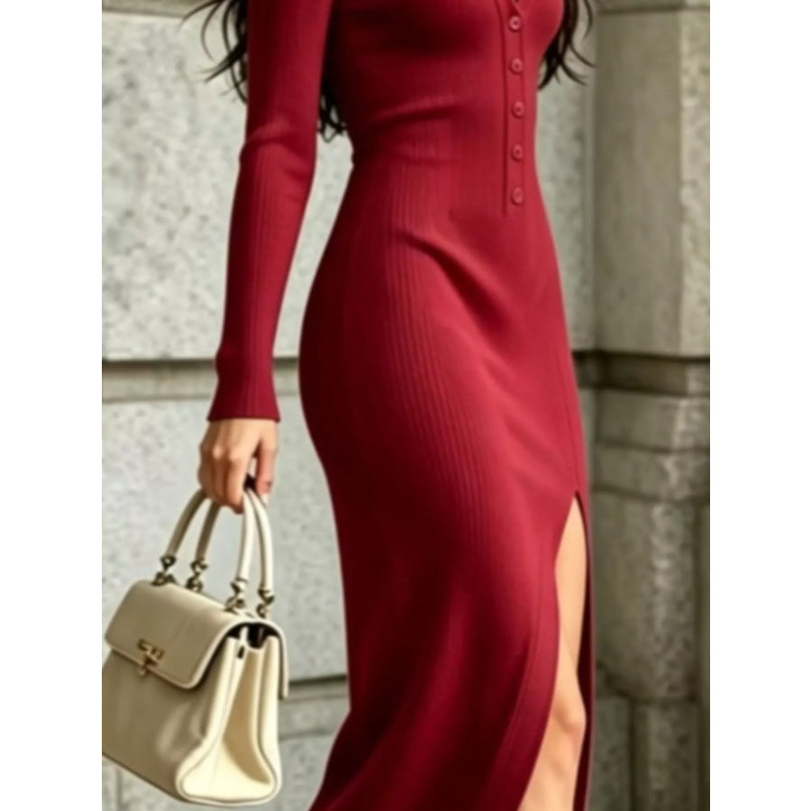 Ribbed Long Sleeve Sweater Dress with High Slit Apparel and Accessories