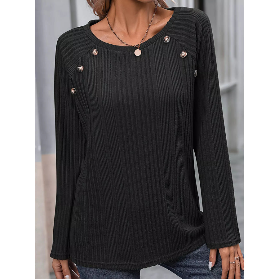 Ribbed Long Sleeve T-Shirt with Button Detail Apparel and Accessories