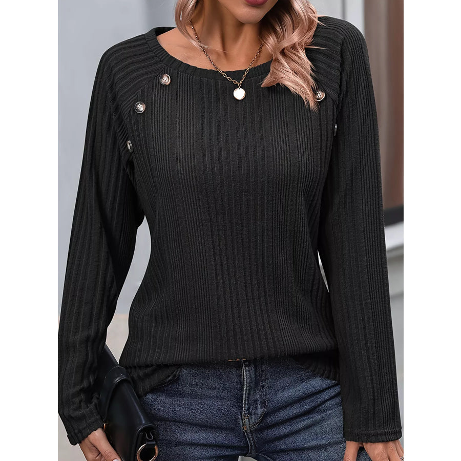 Ribbed Long Sleeve T-Shirt with Button Detail Apparel and Accessories