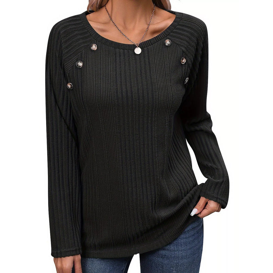 Ribbed Long Sleeve T-Shirt with Button Detail Black / S Apparel and Accessories