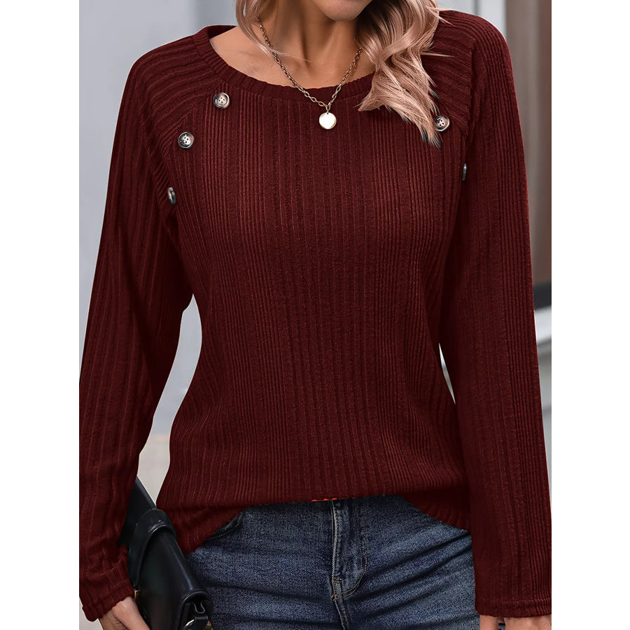 Ribbed Long Sleeve T-Shirt with Button Detail Burgundy / S Apparel and Accessories