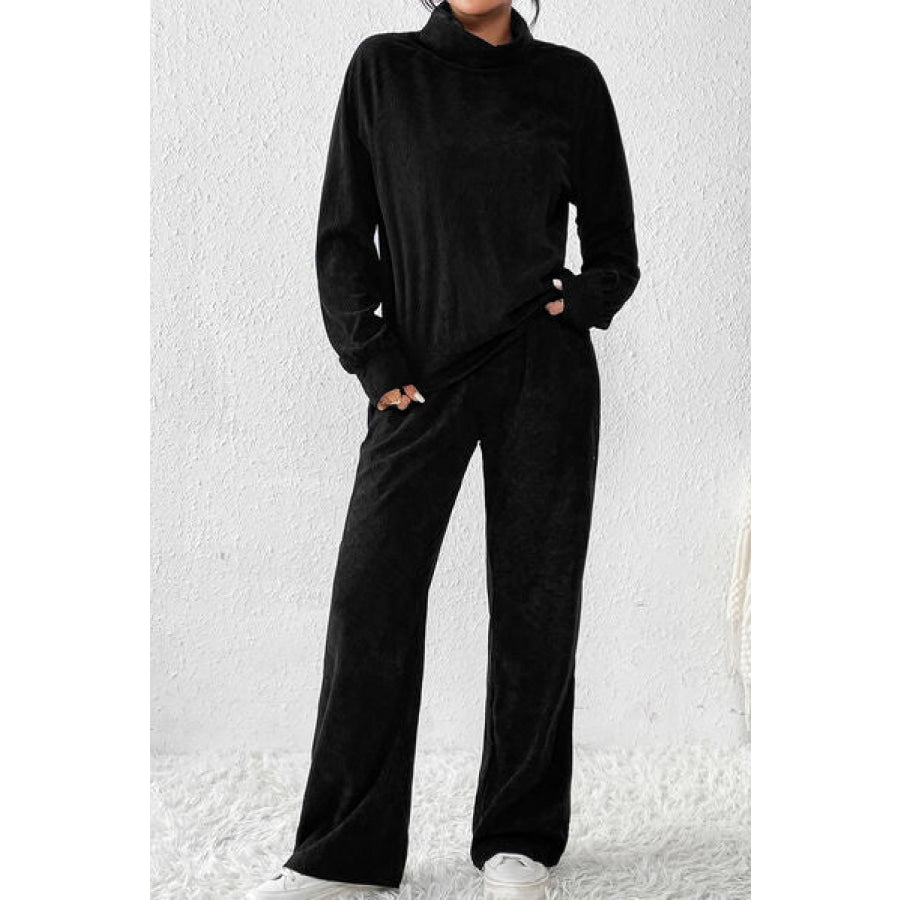 Ribbed Long Sleeve Top and Pants Set Black / S Clothing