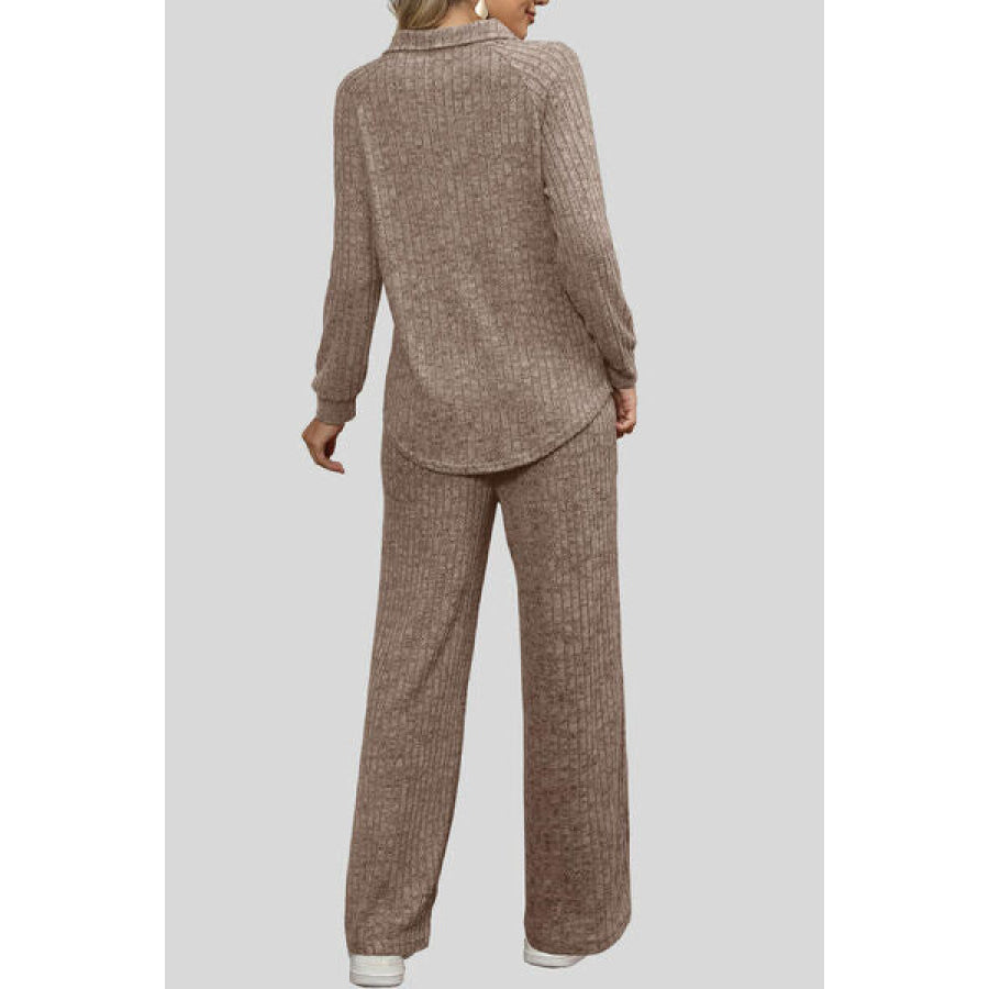 Ribbed Long Sleeve Top and Pocketed Pants Set Apparel Accessories