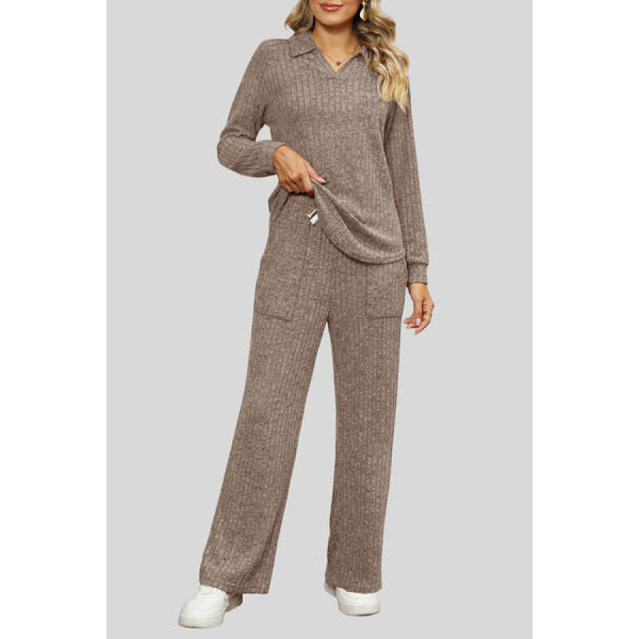 Ribbed Long Sleeve Top and Pocketed Pants Set Apparel Accessories
