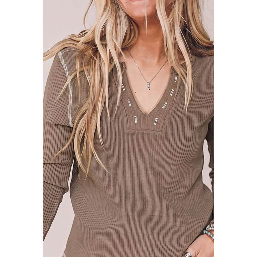 Ribbed Long Sleeve Top with Seam Detail Apparel and Accessories
