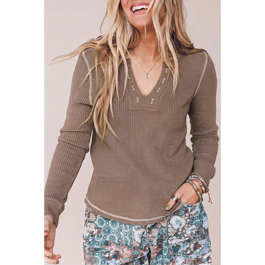 Ribbed Long Sleeve Top with Seam Detail Mocha / S Apparel and Accessories