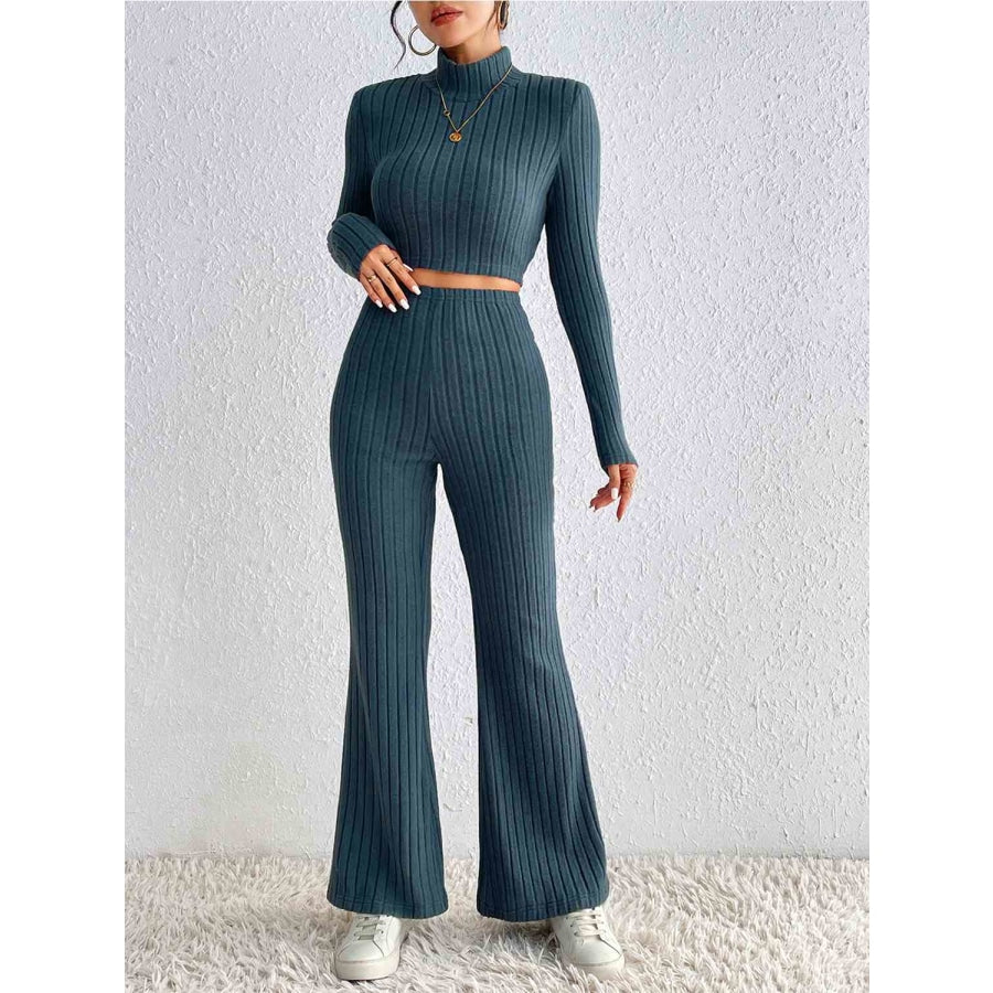 Ribbed Mock Neck Cropped Sweater & High Waist Pants Set Peacock Blue / S