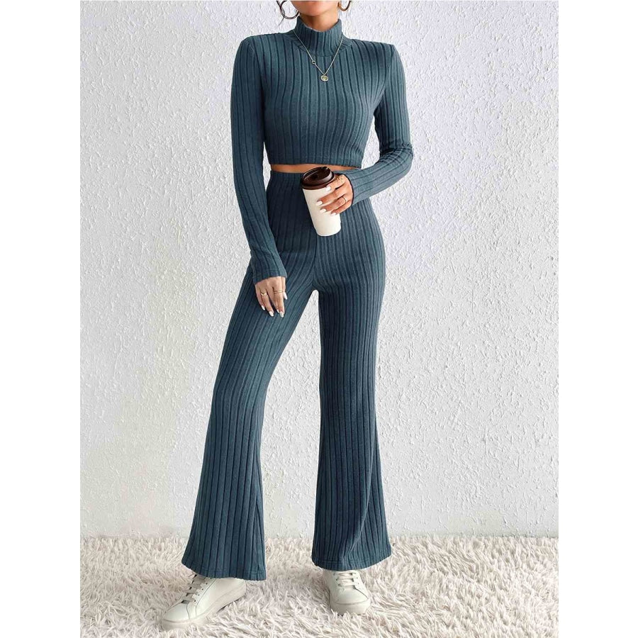 Ribbed Mock Neck Cropped Sweater & High Waist Pants Set Peacock Blue / S