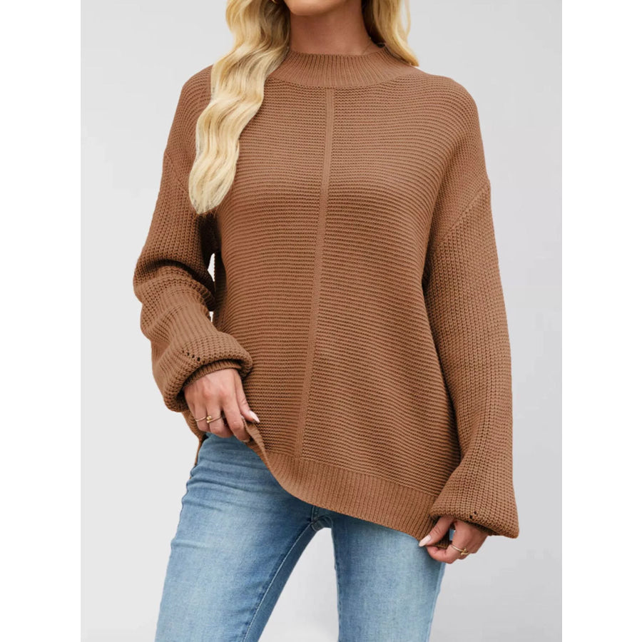 Ribbed Mock Neck Drop Shoulder Sweater Apparel and Accessories