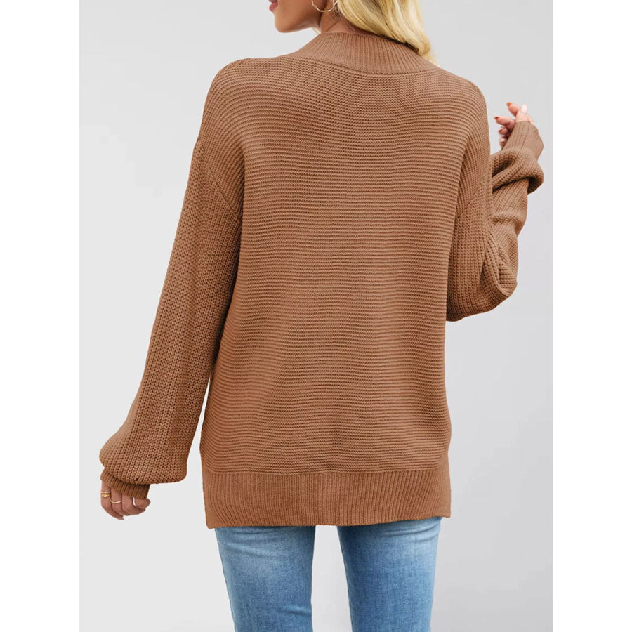 Ribbed Mock Neck Drop Shoulder Sweater Apparel and Accessories