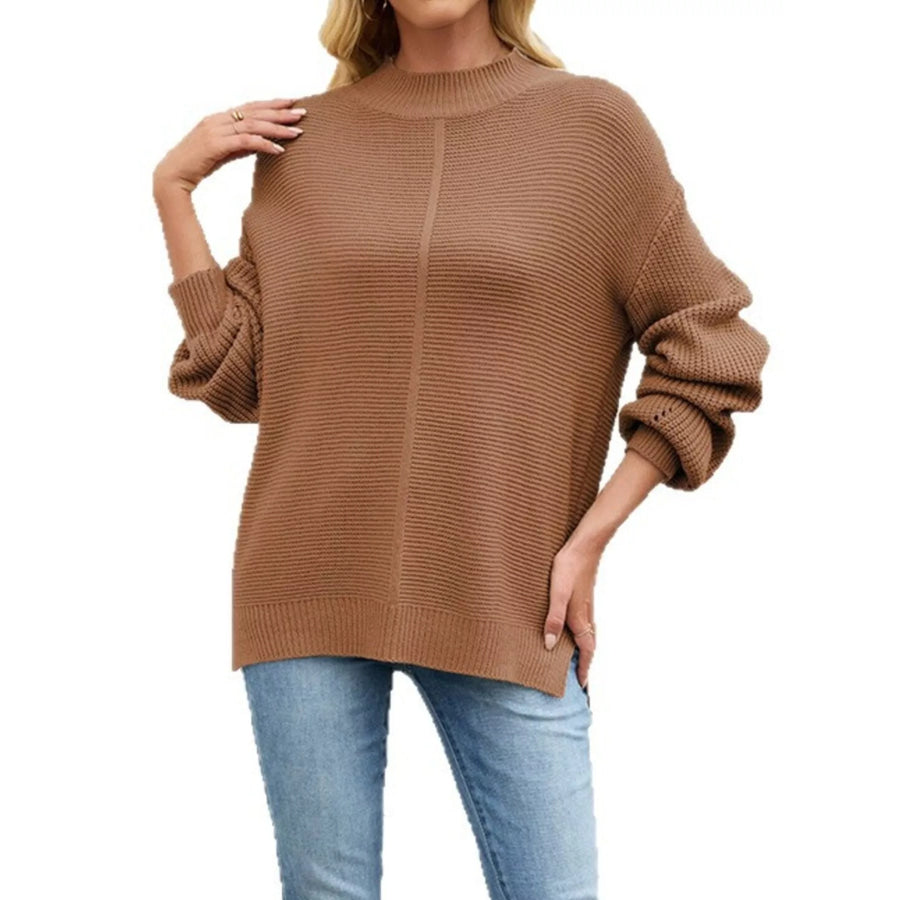 Ribbed Mock Neck Drop Shoulder Sweater Apparel and Accessories