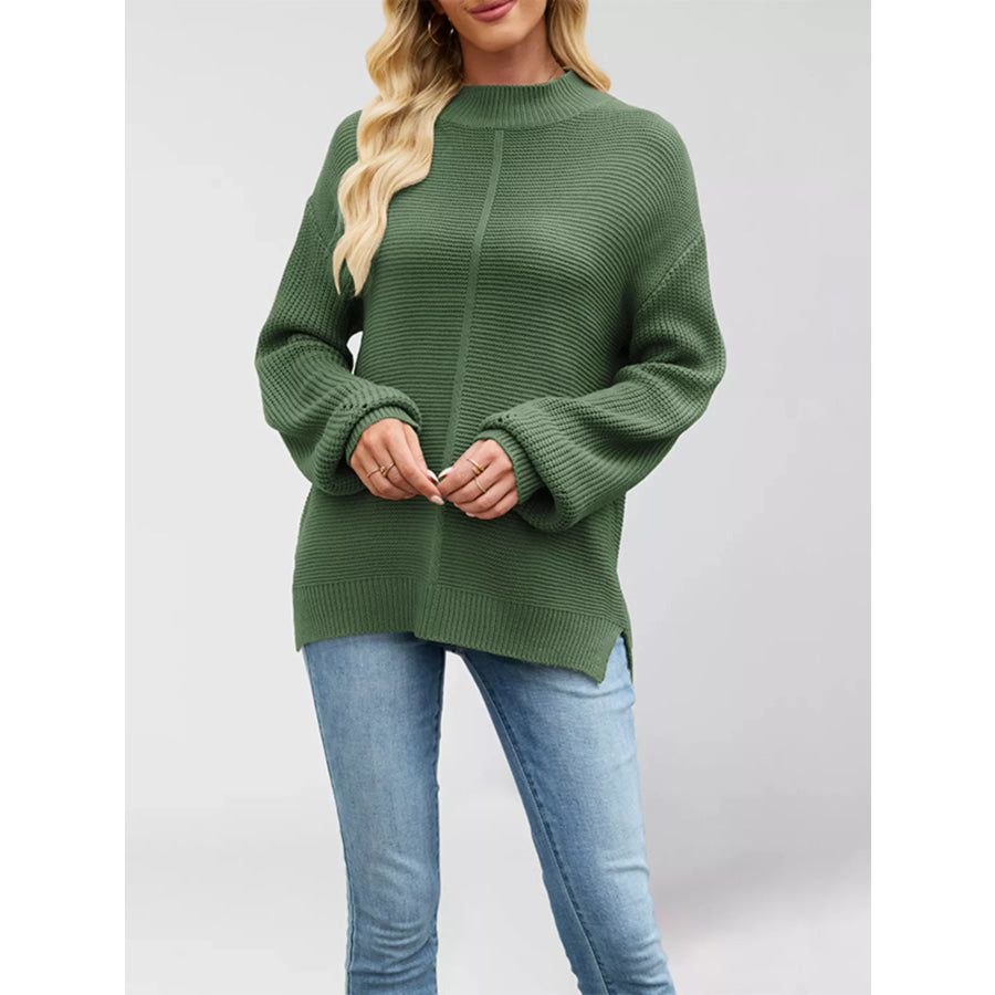 Ribbed Mock Neck Drop Shoulder Sweater Apparel and Accessories