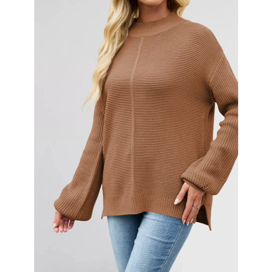 Ribbed Mock Neck Drop Shoulder Sweater Apparel and Accessories