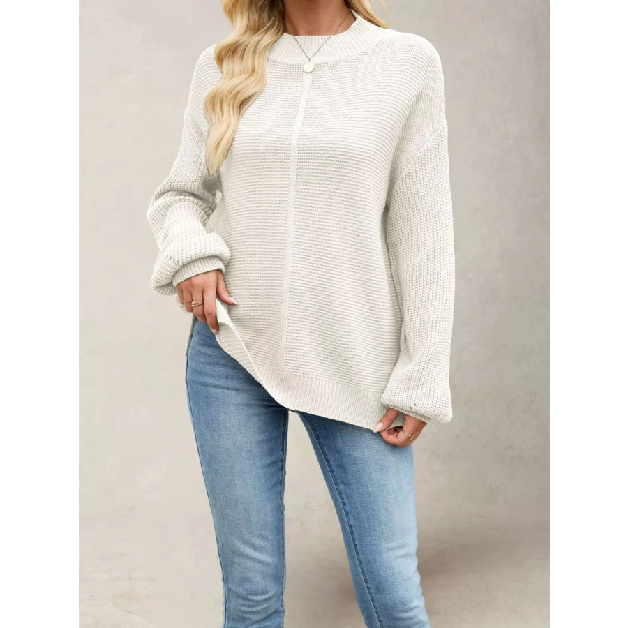 Ribbed Mock Neck Drop Shoulder Sweater Apricot / S Apparel and Accessories