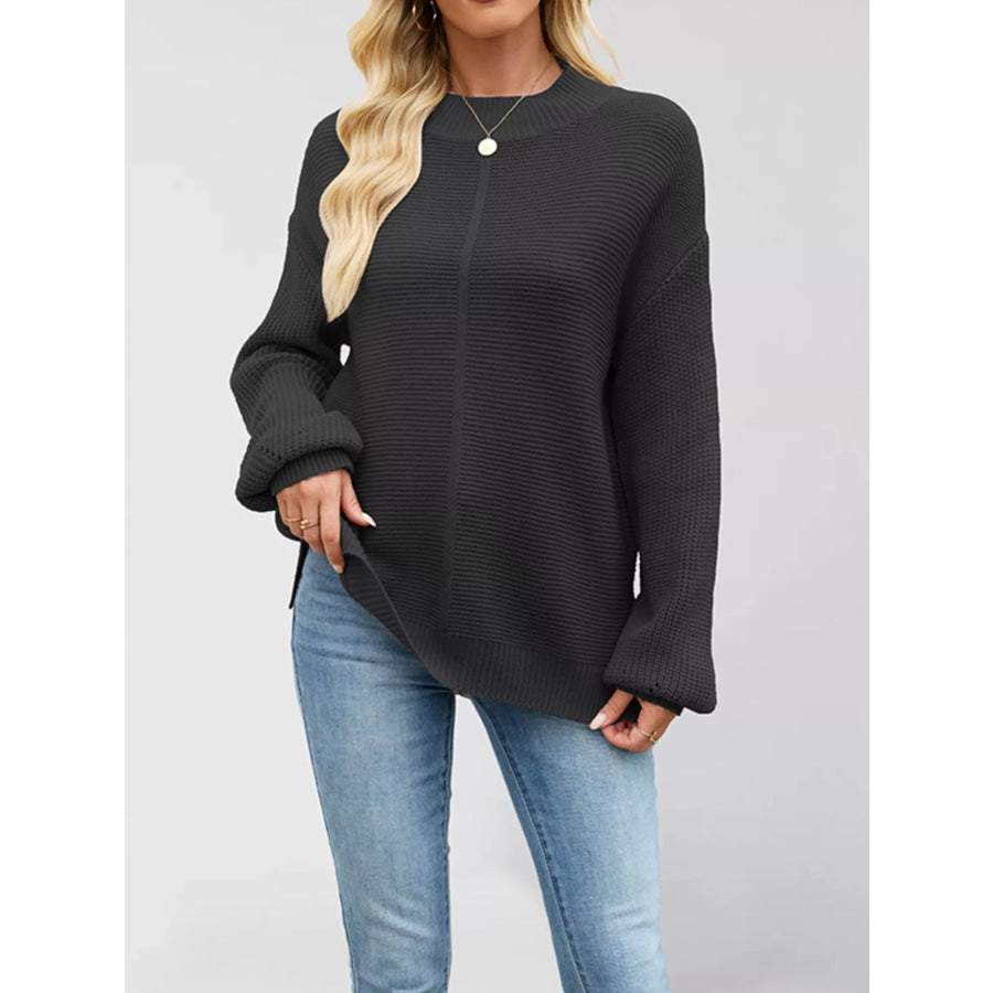 Ribbed Mock Neck Drop Shoulder Sweater Black / S Apparel and Accessories